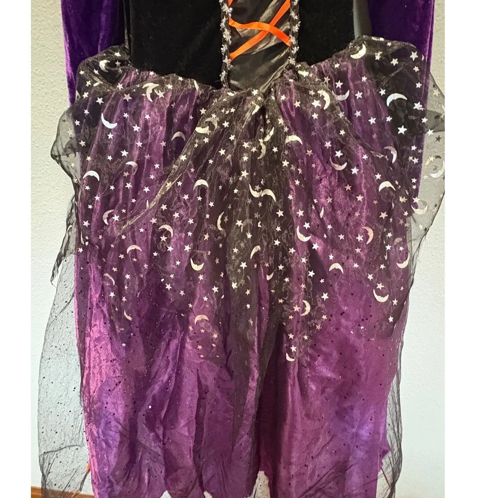 Girls Witch Halloween Costume Dress Purple Black Stars Moons Size 10/12Y